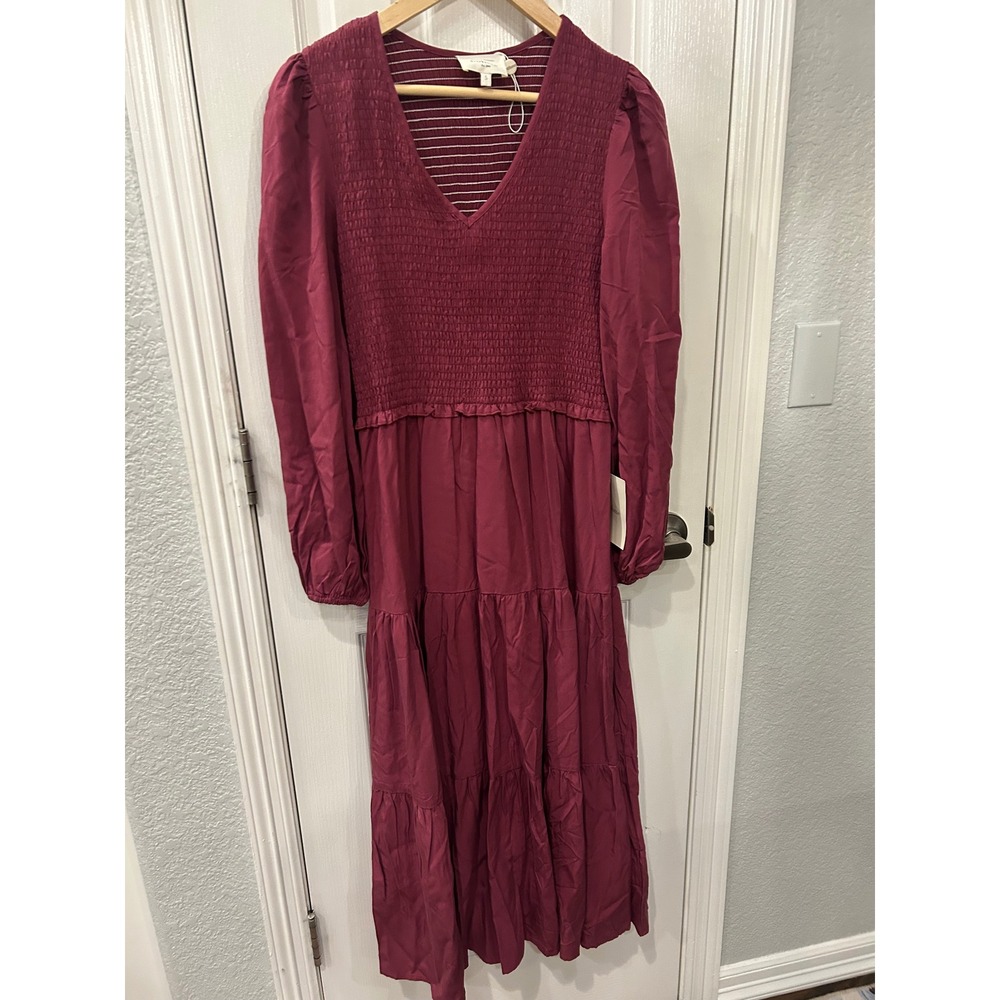 Bohme Smocked Bodice Tiered Maxi Dress Berry Wine V-Neck Long Puff Sleeve Small
